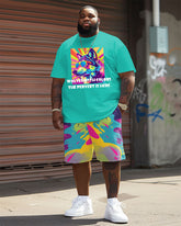 Men's Plus Size Street Fashion Pop Art Funny "Colored Wolf" Printed T-Shirt Shorts Suit